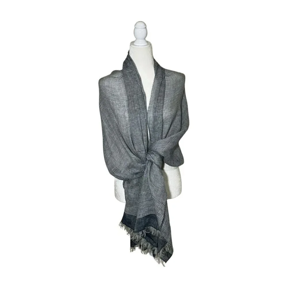 NWT SASSO + SMYTH Linen Blend Fringe Scarf Navy White Made in Italy - Picture 7 of 10